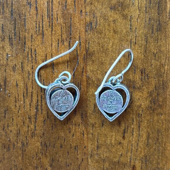 Patricia Locke Signed 2003 Silver Heart Dangle Earrings with a Pink Center Stone - Picture 3 of 4